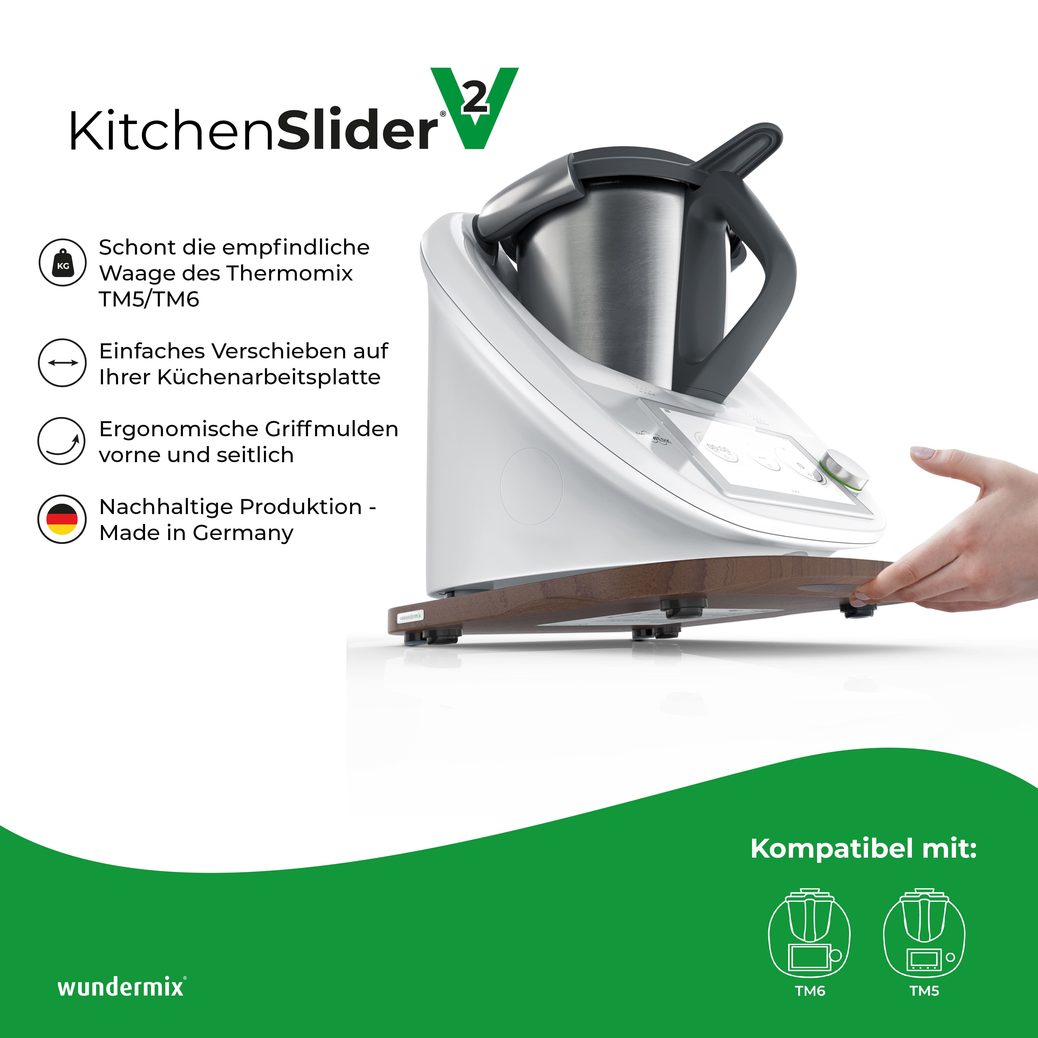 KitchenSlider® H | V2 Plus | Nussbaum | Holz-Gleitbrett für Thermomix TM6, TM5