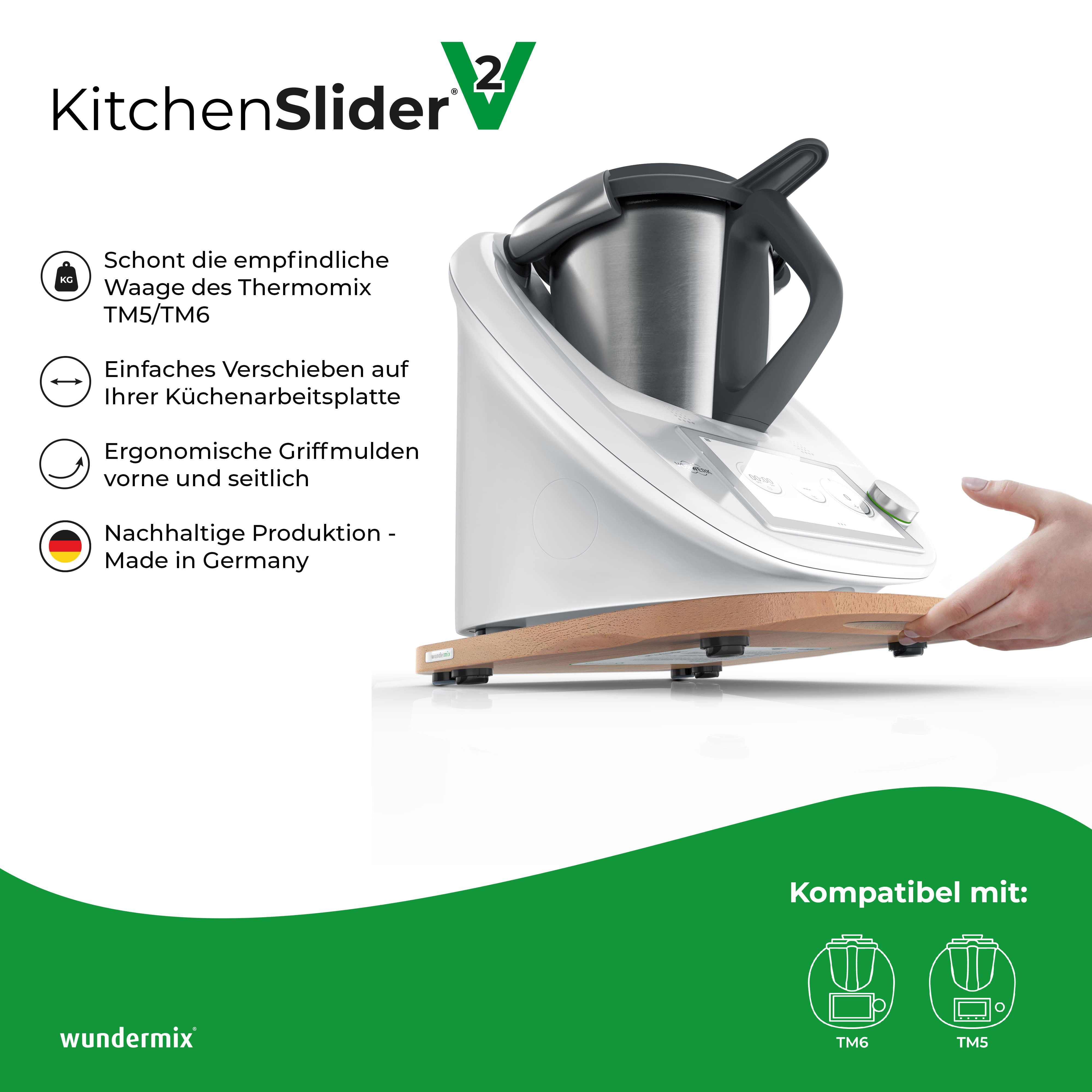 KitchenSlider® H | V2 Plus | Hêtre | Planche coulissante premium pour Thermomix TM6, TM5