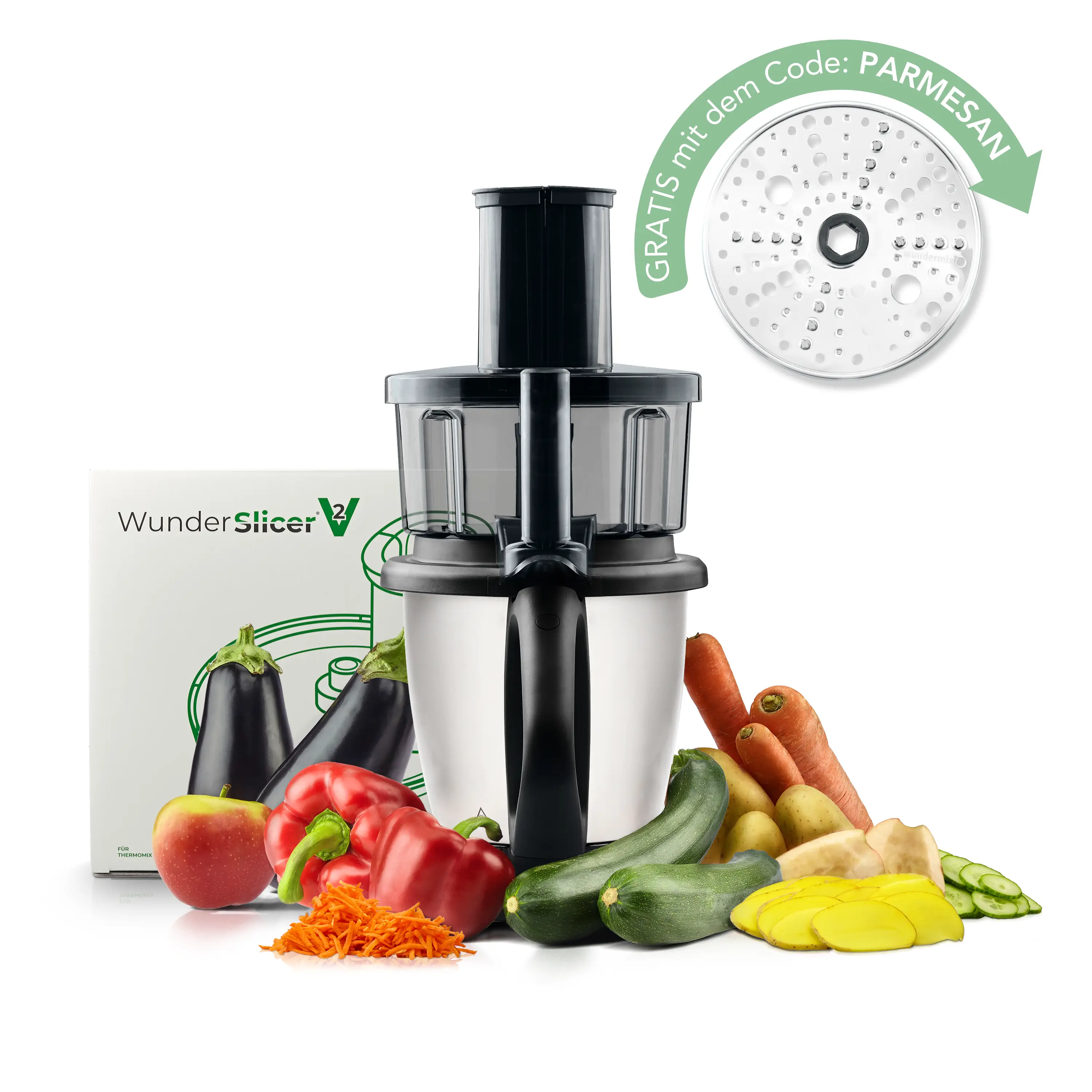 WunderSlicer® V2 | Vegetable cutter for Thermomix TM6, TM5 + FREE Parmesan slice