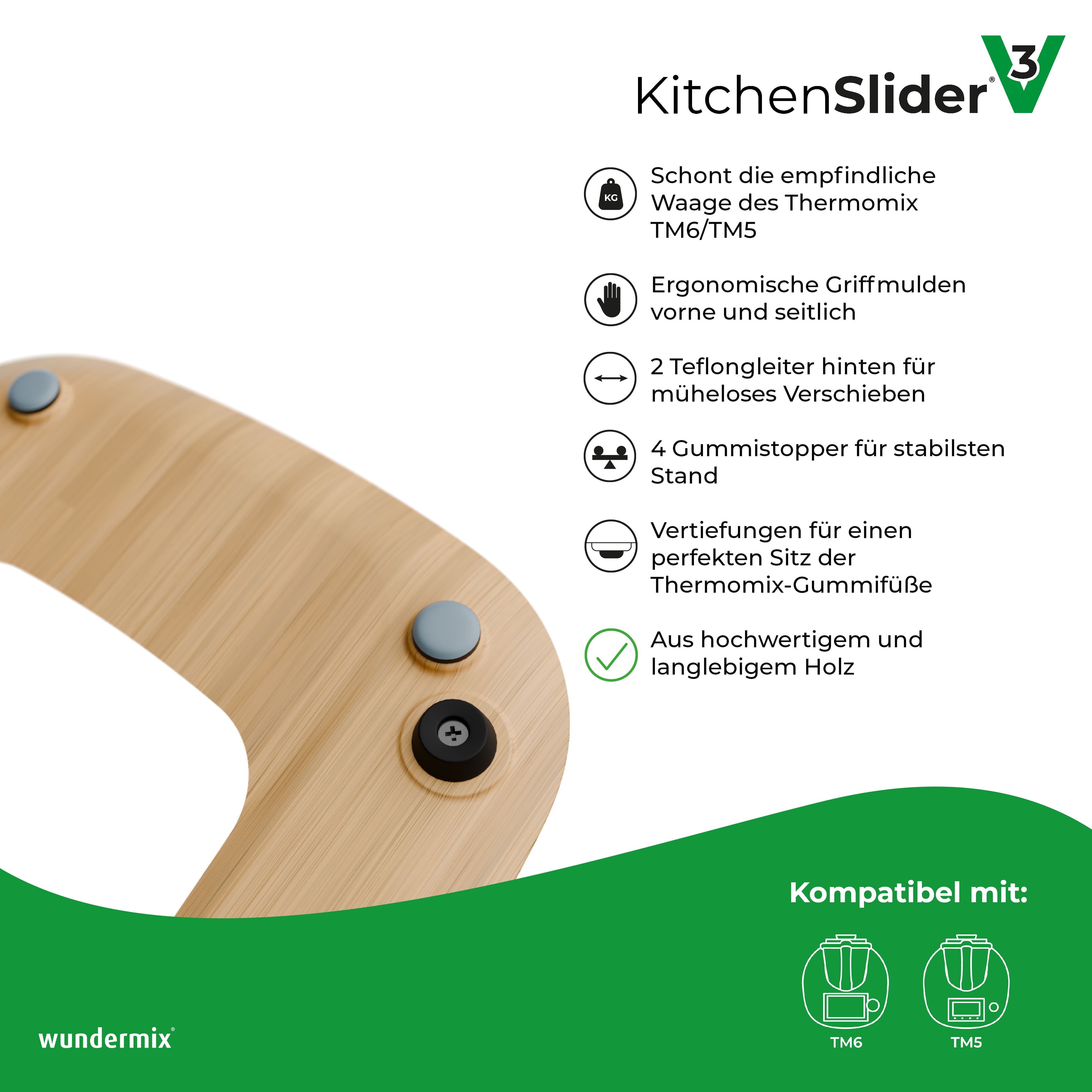 KitchenSlider® H | V3 | Deska ślizgowa premium z prawdziwego drewna dla Thermomix TM6, TM5