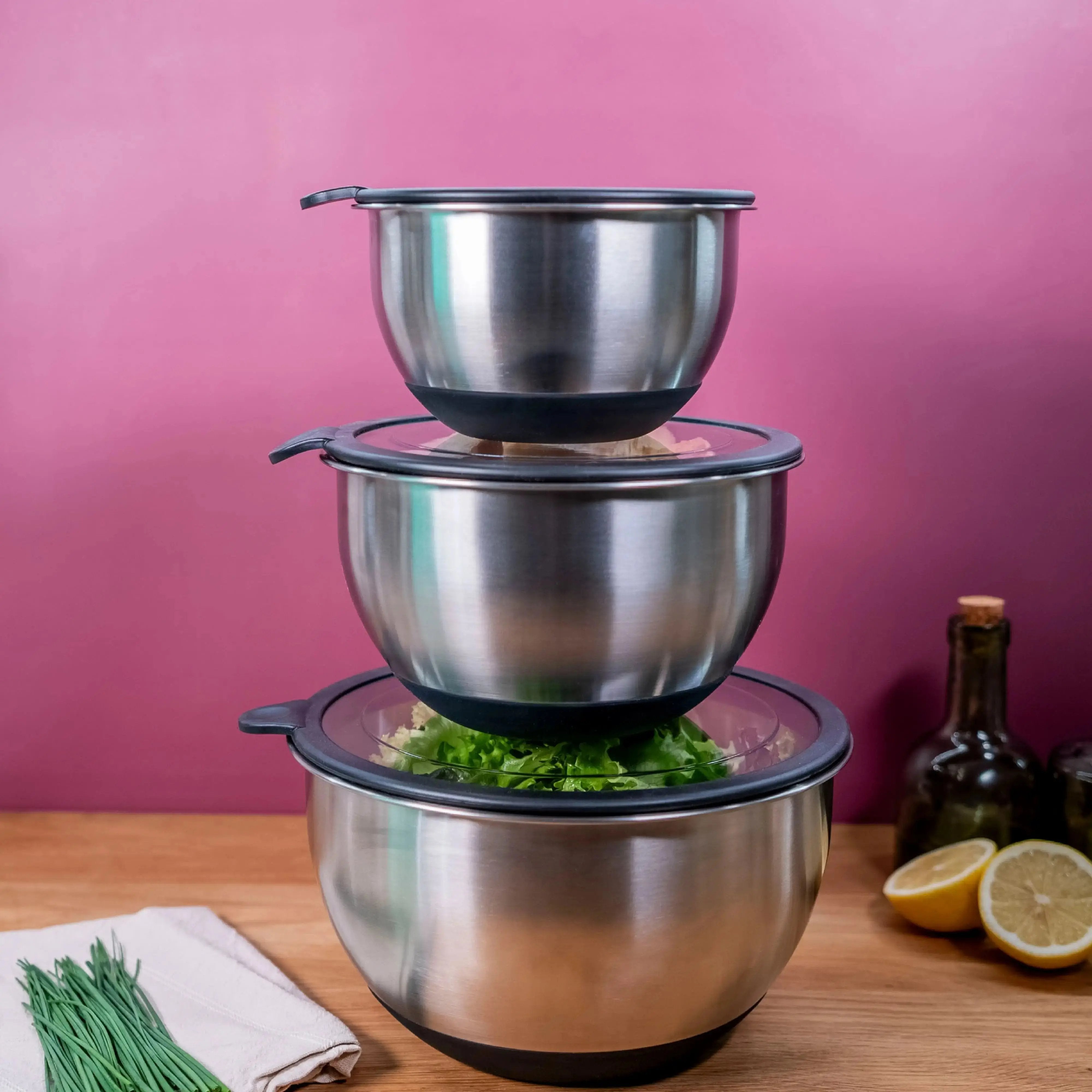 Stainless steel mixing bowl set of 3 with lid 1.5 L 3 L