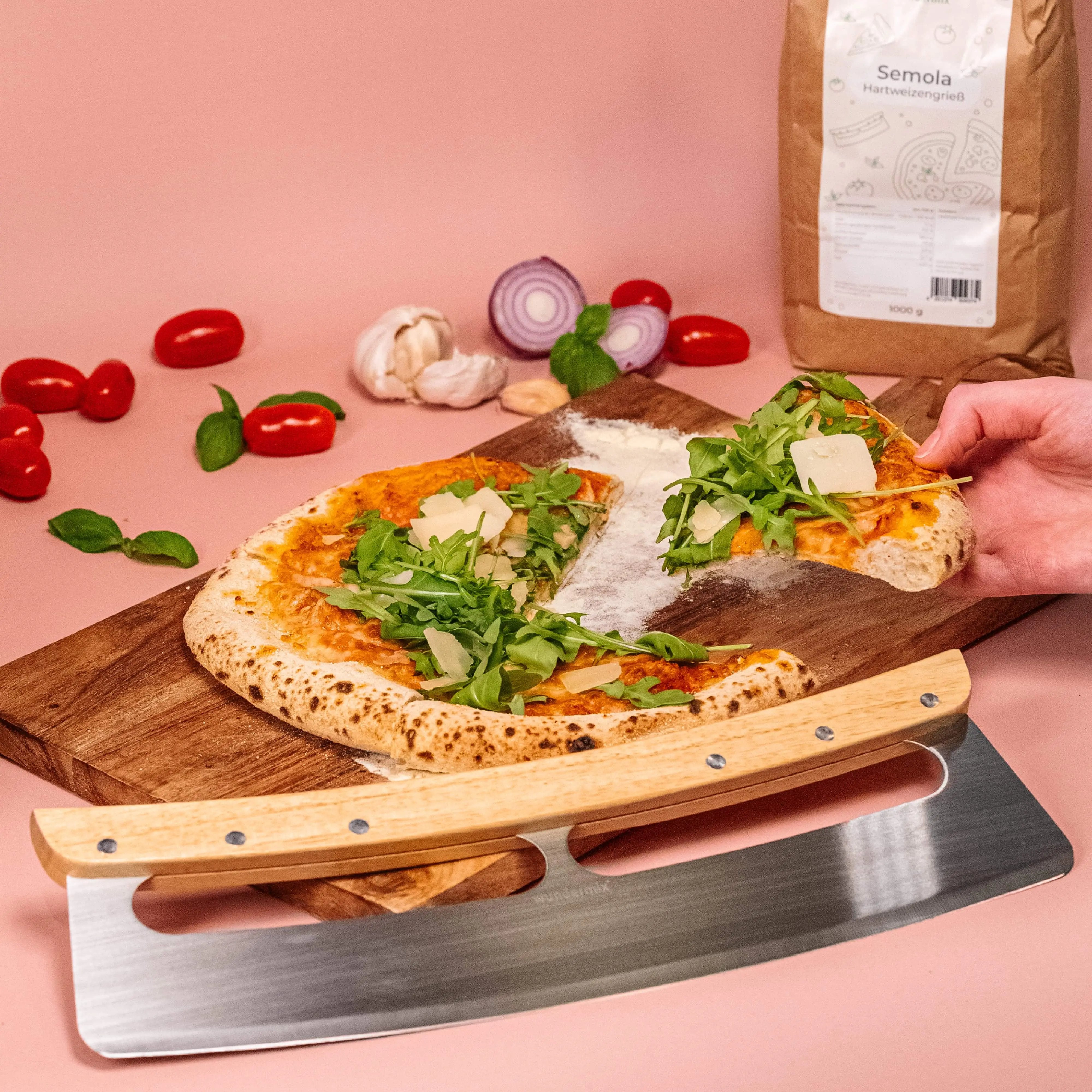 Cuchillo para pesar pizza con mango de madera de bambú